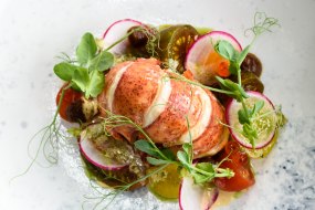 Lobster salad, heritage tomato, radish, bisque