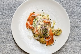 Hot smoked salmon with potato salad