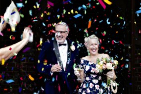 Confetti, flowers, bubbles and these two very happy faces!