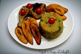 Fried Rice, Grilled Chicken Leg with Fried Ripe Plantain.