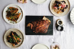 Harissa roast lamb.  Beets, barley, Feta, walnuts, orange & honey dressing. Roasted pink firs, gremolata. 