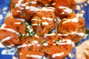 Smoked salmon rostis, sour cream.