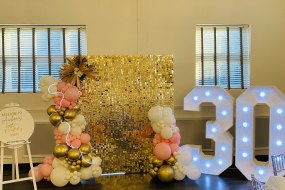 7ft Champagne Gold Sequin Wall With Organic Balloon Garlands & Personalised Welcome Easel