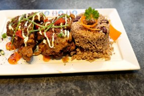 Rice and Beans with Honey Glazed Jerk Wings