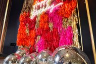 Tassel Wall with neon light and disco balls!