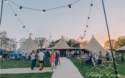 3 Big hat Tipis with festoon lit walkway 