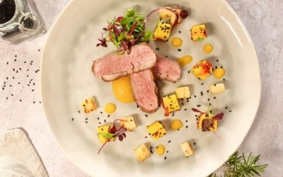 Duck Breast, Mango Purée, Celeriac and Black Onion Seeds