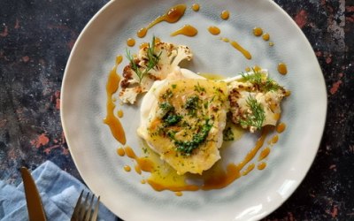 Cod fillet, Cauliflower Truffle, Seared Cauliflower Florets with Herb Butter, Orange Cardamom Sauce