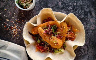 Haddock Goujons Taco with Chilli Onions and Crème Fraiche, Furikake Seasoning