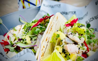 Swordfish ceviche tacos, Pineapple & tarragon salsa, Pickled kohlrabi, Coriander 