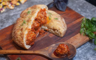 Meatballs Ragu. Bolognese. Focaccia