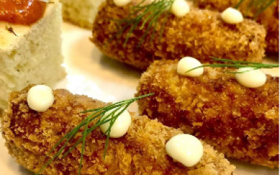 Mussels croquettes with garlic mayo, rosemary focaccia wih roasted cherry tomatoes