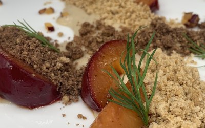 Plum,  Basil Nut Cream with Spelt flour Cacao & Vanilla Crumble 