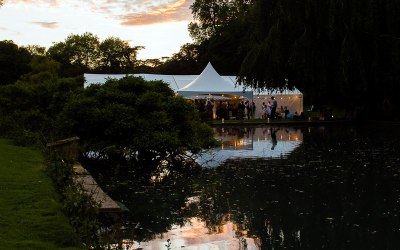 Frame style marquee with Chinese hat tent for a porch