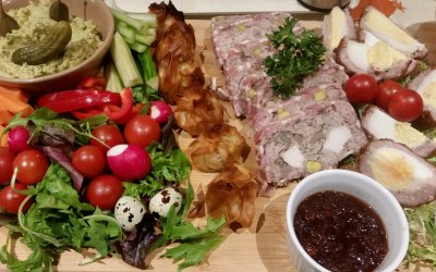 Sharing board starter - Country terrine, feta sweet potato thyme parcels, scotch eggs and hummus - all made by us.