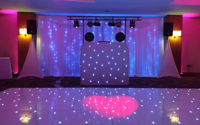 Gold Package set-up at Ramada Plaza, Southport. Please note: Backdrop and dance floor supplied by venue.