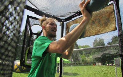 Aeroball- something between volleyball and basketball played on a trampoline