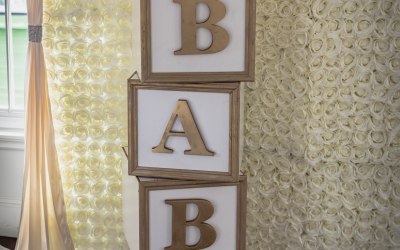 Flower Wall Backdrop and baby blocks