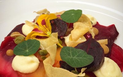 Tie-dye Beets, Parsnip Puree & Crisp, Capers, Nasturtium & Sherry Dressing. Vegan Plated Starter.