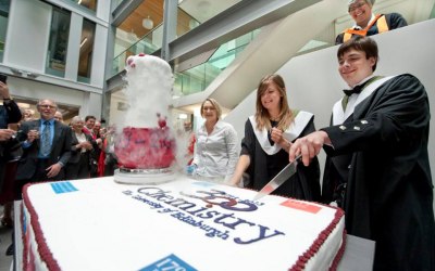 Moving cake with dry ice for the Edinburgh University Chemistry departments Tricentenary celebrations