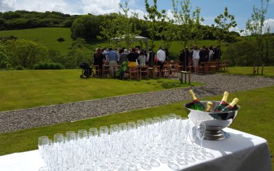 Ready to serve welcome drinks after a wedding ceremony at Pengenna Manor