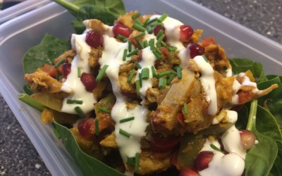 Cajun chicken salad with cashew nuts pomegranate and Creme fraiche’