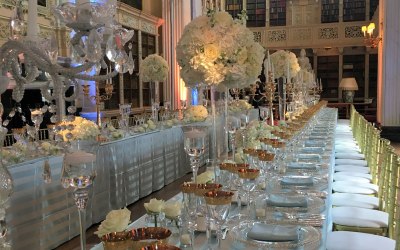 An elegant wedding breakfast setting at Blenheim Palace, Oxford.