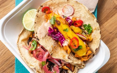 Jumping Jack Tacos - pulled jackfruit, chipotle, charred mango, slaw & cashew cream