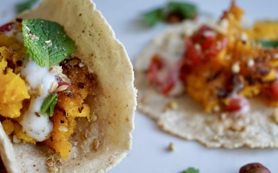 Smashing Pumpkin Tacos - roasted pumpkin, hazelnut dukkah, mint yoghurt, tomato salsa