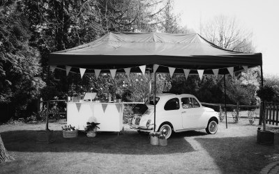 Isabella comes with a gazebo to keep the rain out or the sun's heat deflected