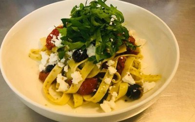 Sun blushed tomato, Olive, Feta & Pesto Tagliatelle