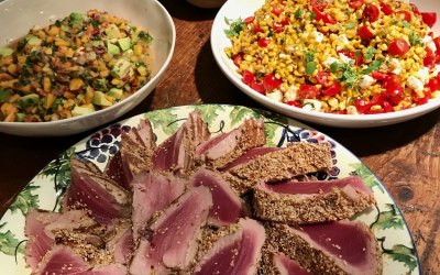 seared sesame tuna charred sweetcorn salad and mango / avocado salsa