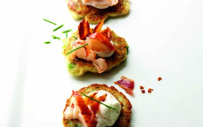 Pea blinis with lobster and pancetta