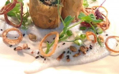 wild mushroom & spinach spring roll, cauliflower puree, crispy onions