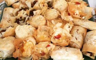 A selection of savoury filo pastries and savoury cheese scones