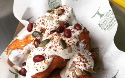 Halloumi Fries with Za'atar Vegan Sauce, Pomegranate and sprinkles