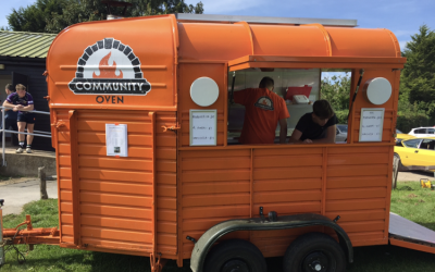 Our famous orange pizza van, homemade by ourselves! 