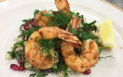 pomegranate, dill, prawns