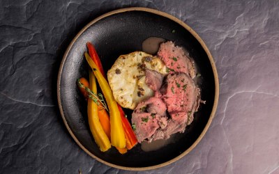 Pot beef, celeriac steaks, and maple glazed carrots