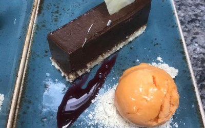 Chocolate Orange brownie and orange sorbet