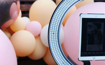 Balloon backdrop behind one of our selfie stations!