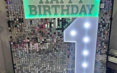 Silver Shimmer Wall, 4ft Light Up Number 1, Light Up Happy Birthday Sign.