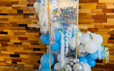 6ft Iridescent Silver Sequin Wall With Balloon Garland Flowers & Neon Sign