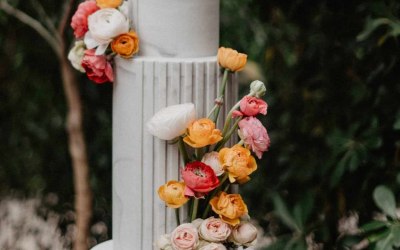 Extra tall 2 tier wedding cake with slate effect and fresh flowers - 100 Barrington