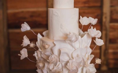 Texture, bas relief, abstract flowers and ruffles 3 tier wedding cake