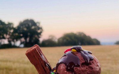 Chocolate chunk ice cream, chocolate hazelnut sauce, Cadbury flake. Our supplier is Chilly Cow, based in Ruthin