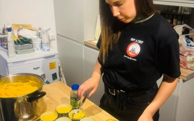 Our office manager Jen in the prep kitchen