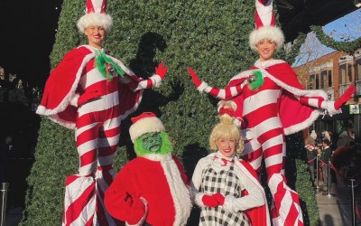 Grinch, cindylou & candy cane stilt walkers 