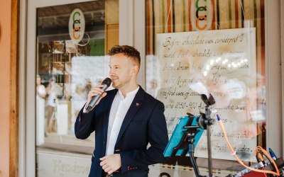 Singing at an opening event, Torquay, 2019