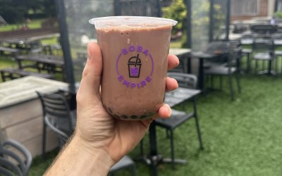 Chocolate flavoured milk tea with tapioca balls